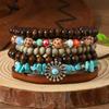 Boho Beaded Stack Bracelet Set, Multi-Layer Wood & Turquoise Bead Bracelet for Women, Bohemian Casual Beach Jewelry