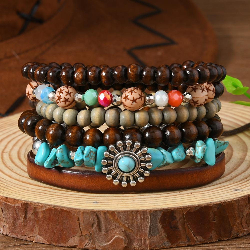Boho Beaded Stack Bracelet Set, Multi-Layer Wood & Turquoise Bead Bracelet for Women, Bohemian Casual Beach Jewelry