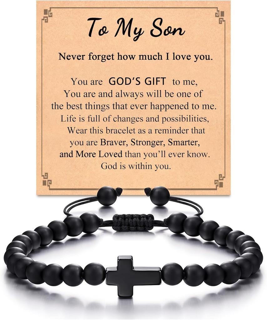 Black Onyx Stone Cross Bracelet for Men Teens Boys, Cross Jewelry Christian Gifts for Easter, Christmas, Birthday, Religious