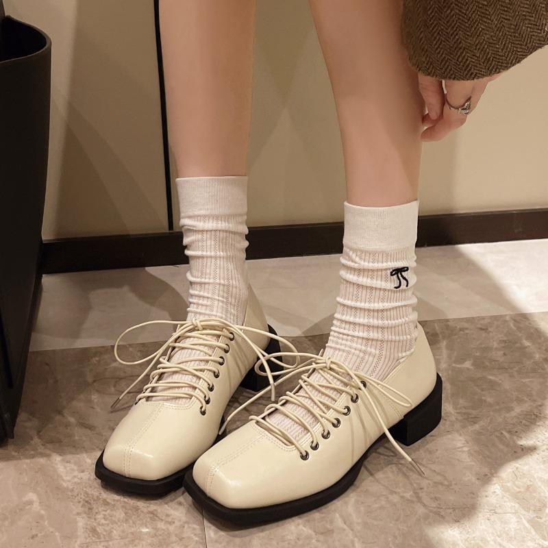 Women's Soft Leather High Heel Pumps Girls British Style Hollow Lace-up Uniform Shoes Shallow Mouth Female Sandals Plus Size 42