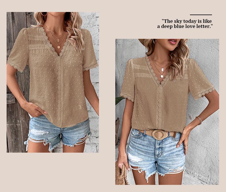 Summer Casual European & American Lace V-Neck Solid Color Women's Shirt
