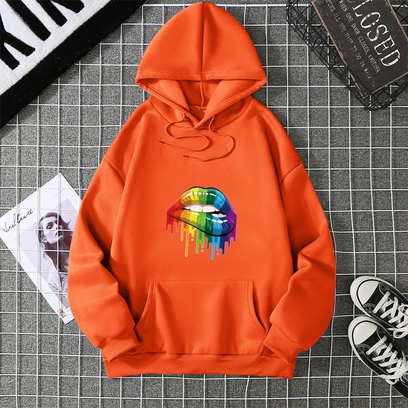 Fashion Women's Colorful Lips Print Hoodie Women's Outdoor Street Hooded Pocket Hoodie Women's Sweatshirt Women's Clothes