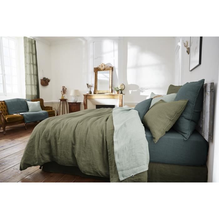 Taie D'oreiller - Soline - 60 X 60 Cm - Lin Lavé - Vert - Hypoallergénique