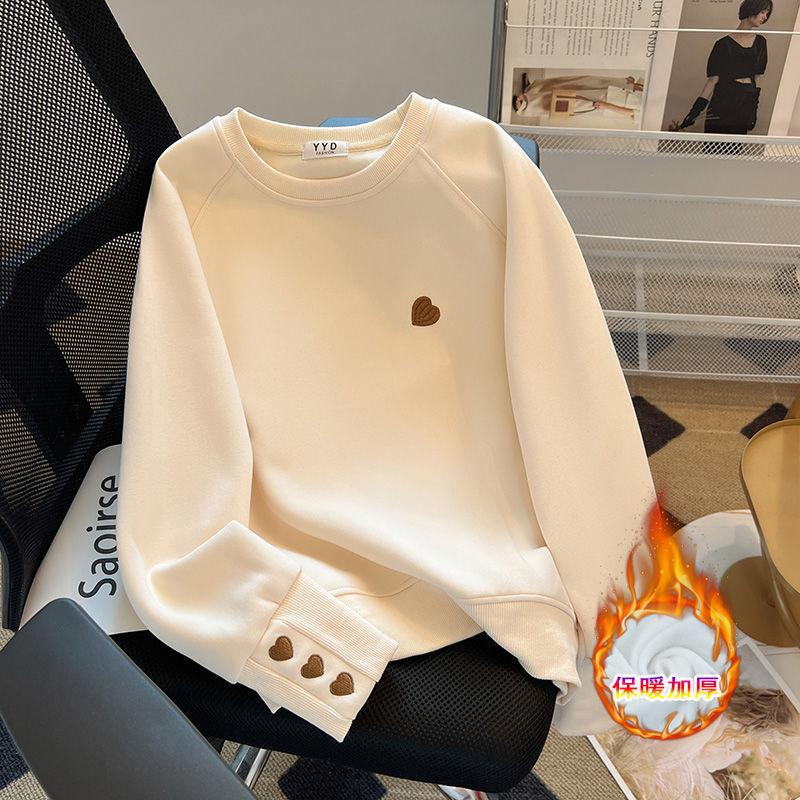 Autumn Winter New Womens Loose Hoodie Fleece Lined Thick Warm Casual Fashion Simple Versatile Crew Neck Top