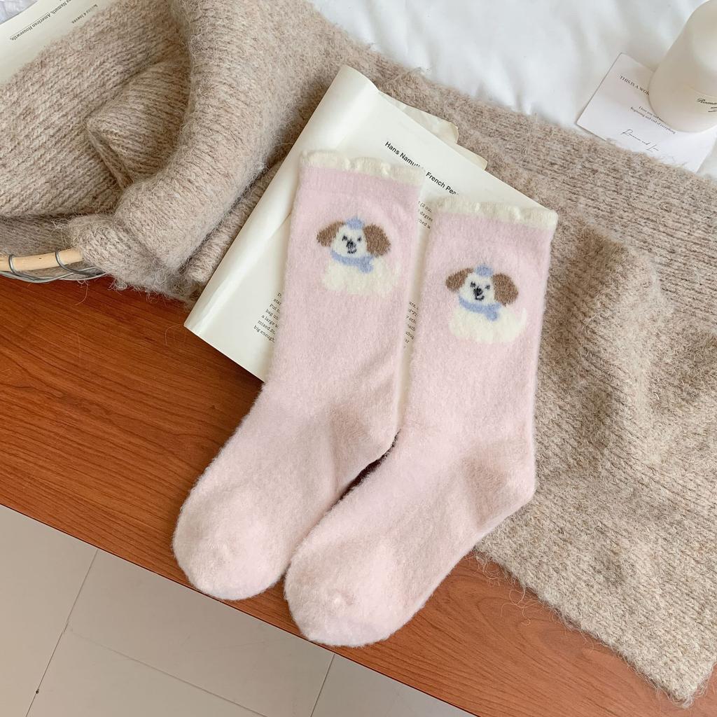 Ladies Autumn Winter Thickened Warm Cute Cartoon Puppy Striped Lace Pink Boneless Mid Tube Socks