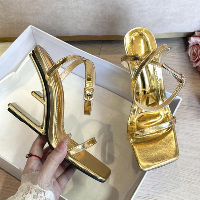 

Fashion Cross Tied Hollow Brand Sandals Women Summer Elegant Narrow Band Strange Style Design Slide Sandal Luxury Dress Large Size Pumps 35 золотой