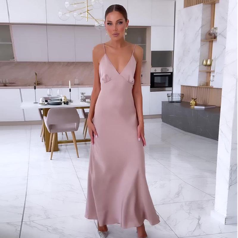

2024 Французский ленивый стиль однотонное облегающее длинное платье на бретелях для женщин M розовый