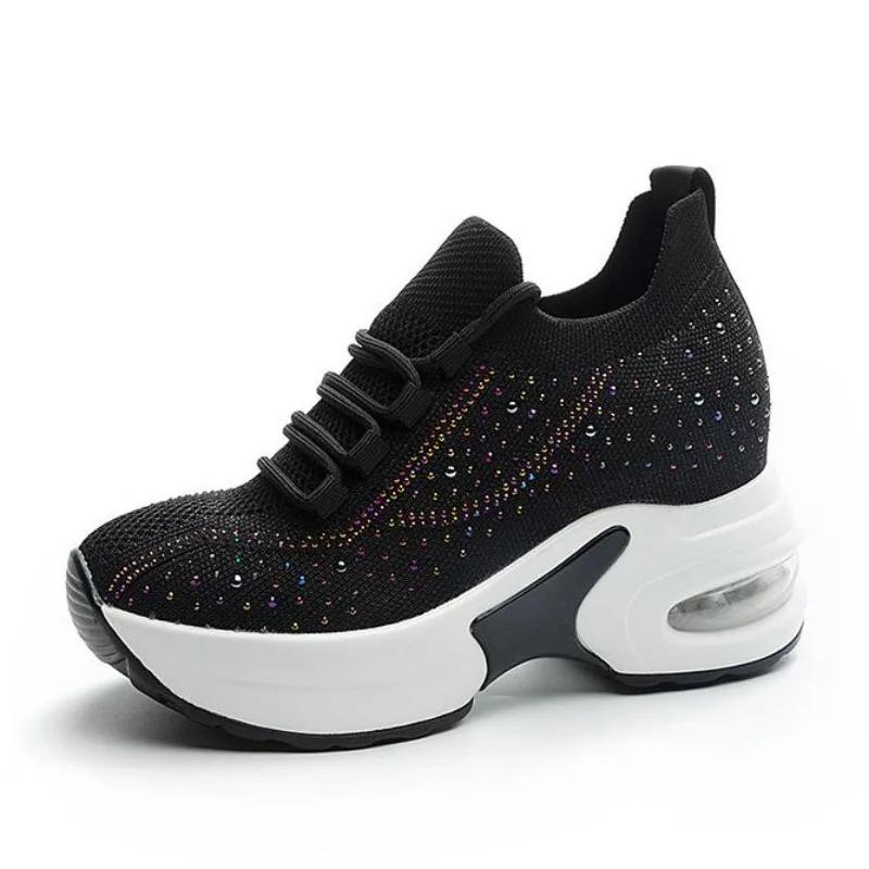 Fashion 8CM Summer Air Mesh Microfiber Vulcanize Chunky Sneaker Lace Up Women Ladies Shoes Spring Fashion Leather Flats Platform Wedge