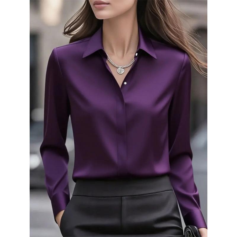 Autumn Solid Color Long Sleeve Shirt Lapel Satin Blouse Shirt for Women