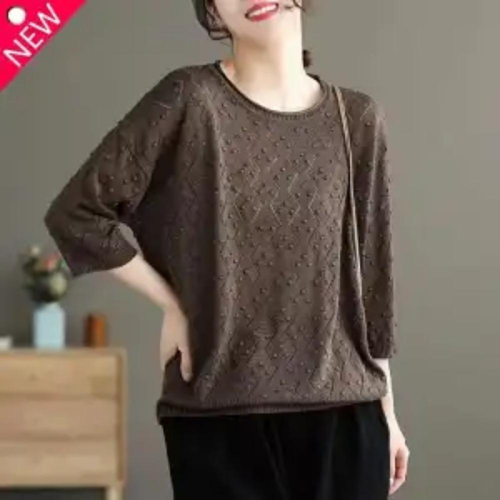 Spring Summer Vintage Knitted T-shirt Casual Round Neck Women's Clothing Solid Color Stylish Hollow Out Half Sleeve Pullovers