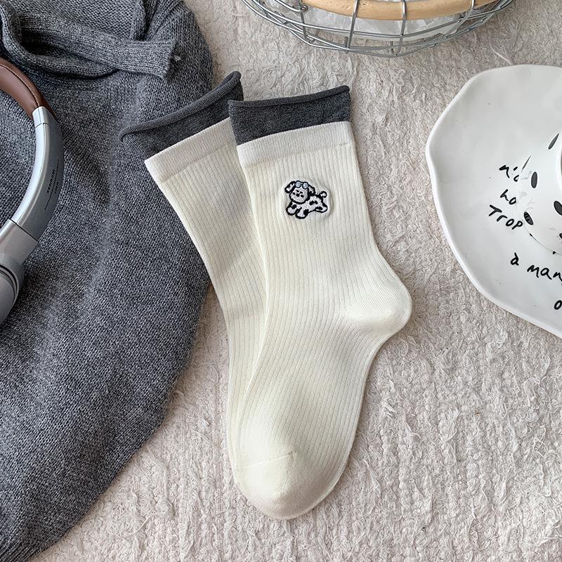 

Женские полосатые гольфы до середины икры с вышивкой щенка - японский школьный стиль и двухслойный присборенный дизайн With Label & Hangable