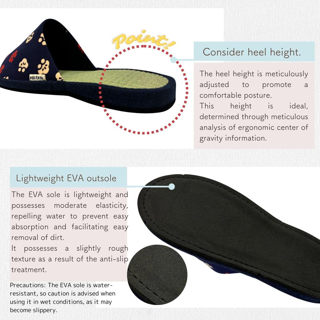Edoten Indoor Hergestellt in Hergestellt mit Igusa Binsengewebe und Tenugui gefärbtem Vorderteil Außen Marineblau und Pflaumenmuster EVA Größe L Hausschuhe, Japan, Stoff, Öffnung,
