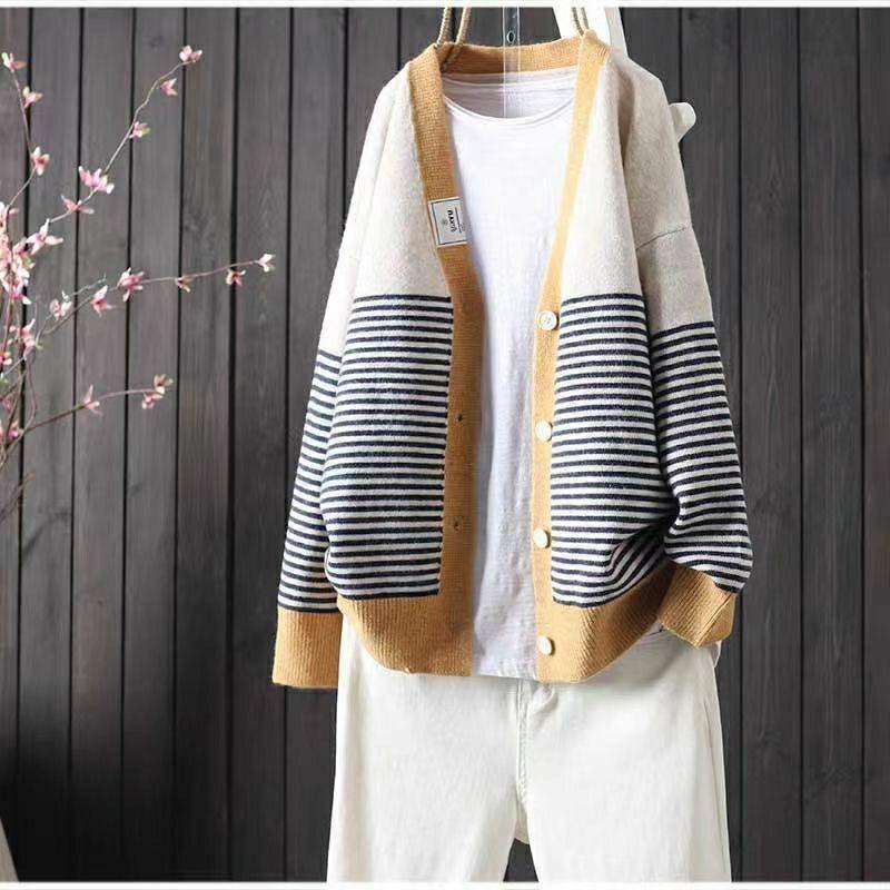 Lazy style V-neck striped knitted cardigan for women in spring and autumn loose and versatile slimming sweater jacket trendy