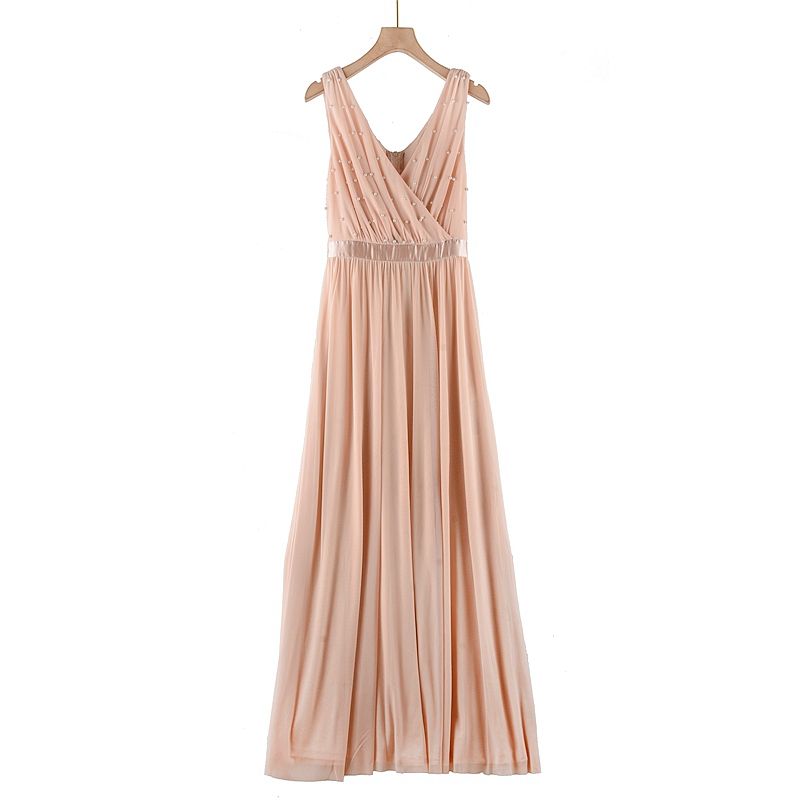 

Z0 Европейский и американский Внешняя торговля Премиум Шик Высокая талия V-образный вырез Жемчуг Сексуальный Платье с большой юбкой Платье большого размера Длинное платье Naked powder EUR38 (euro code)