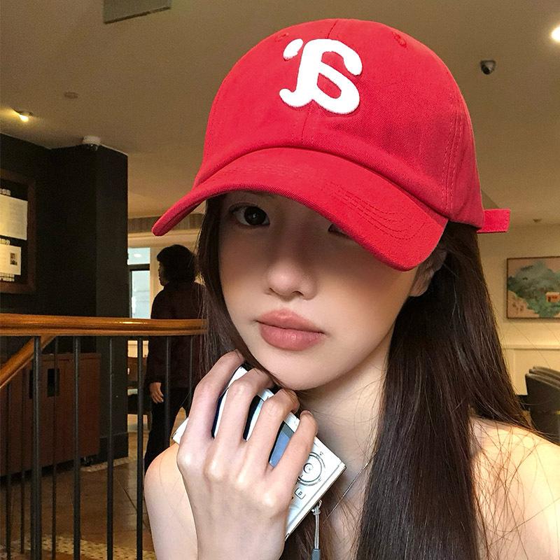Letter Red Baseball Cap Female Simple Versatile Big Face Showing Face Small Peaked Cap Shading White Hat