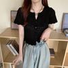 Verão Novo Feminino Pequeno Fresco Decote V Cintura Exposta Seção Curta Malha Vazada Manga Curta Cardigan Camiseta Tops Casuais Essenciais Slim Fit Pullovers Camisetas