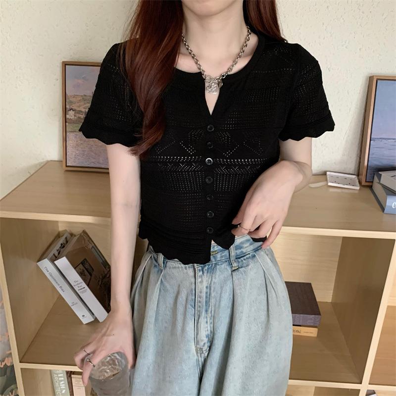 Verão Novo Feminino Pequeno Fresco Decote V Cintura Exposta Seção Curta Malha Vazada Manga Curta Cardigan Camiseta Tops Casuais Essenciais Slim Fit Pullovers Camisetas