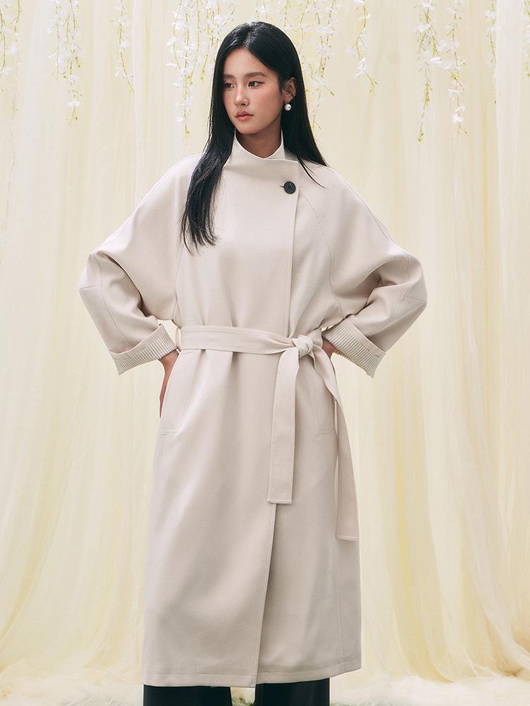 

Early spring new lazy style retro casual loose stand-up collar splicing long trench coat S бежевий