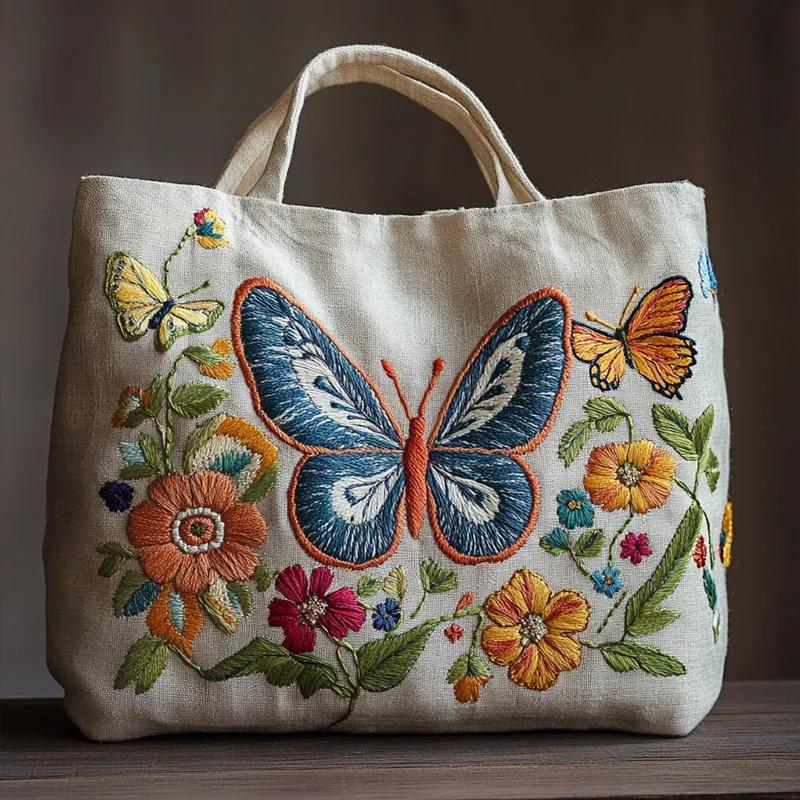 DIY Linen Tote Bag Cross Stitch Sewing Needlepoint Embroidery Kit with Stamped Flower Butterfly Pattern Hoops Threads