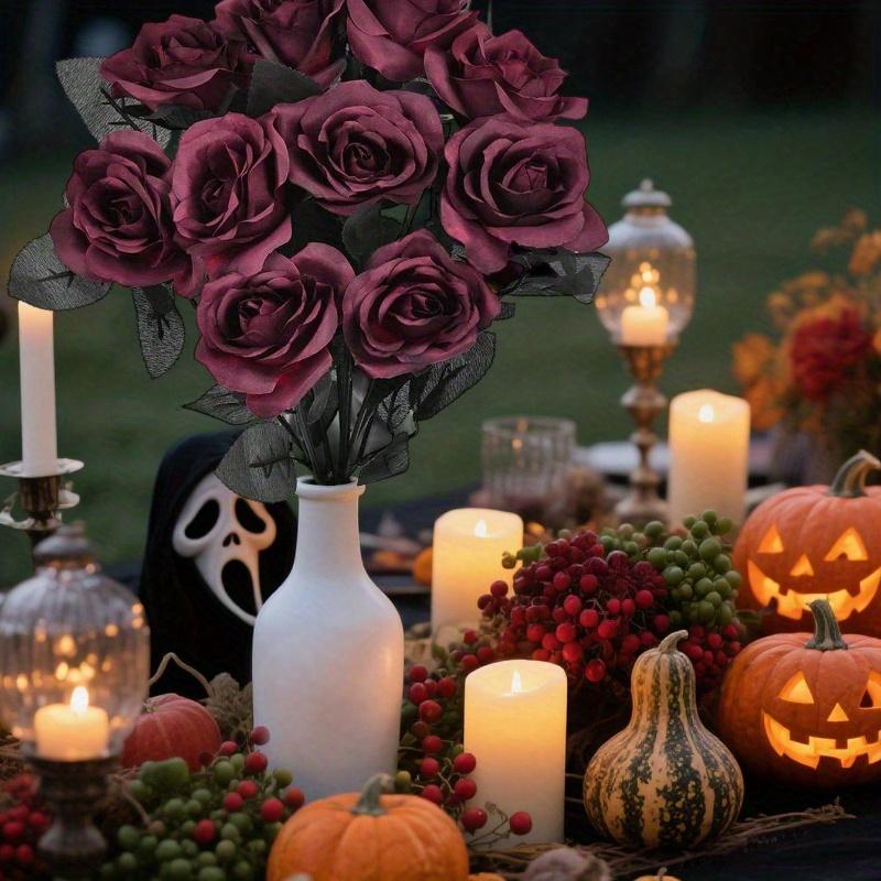 Artificial Silk Roses Bouquet with Long Stem, for Home Wedding Party Decor, Halloween Gothic Dark Arrangements, Outdoor Photo Props