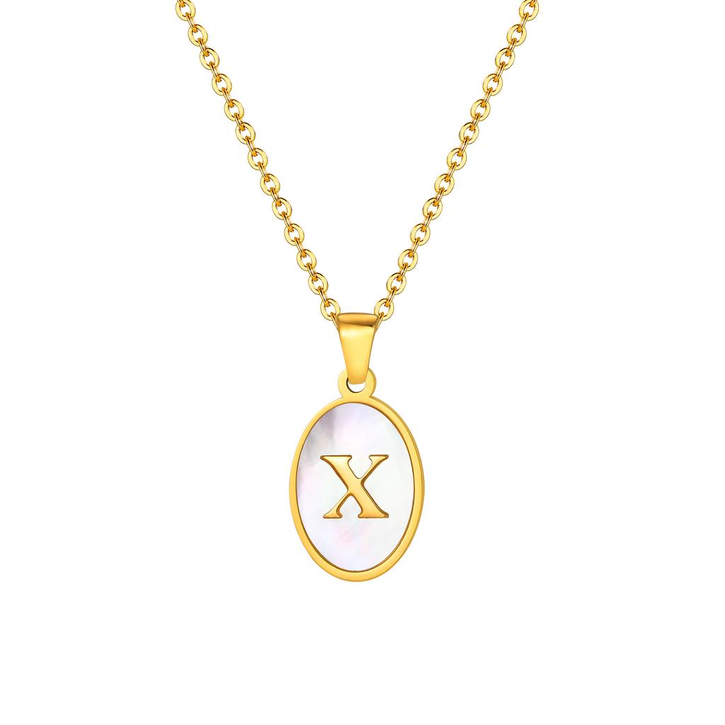 Stainless Steel Oval White Shell Letter A-Z Initial Pendant for Women,Gold Plated 26 Letters Necklaces,Trendy Jewelry Gift
