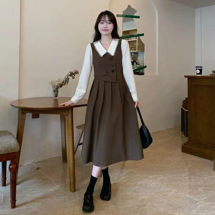 Doll Collar Vest Patchwork Fake Two Piece Dress Chubby Sister Looks Thin Artistic Style Long Skirt