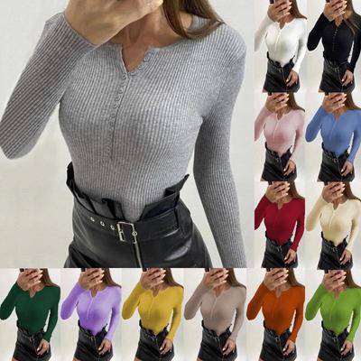 Fashion Womens Knitwear Long Sleeve V Neck Ribbed Sweater Knitted Bottoming Blouse Casual Pullover Top