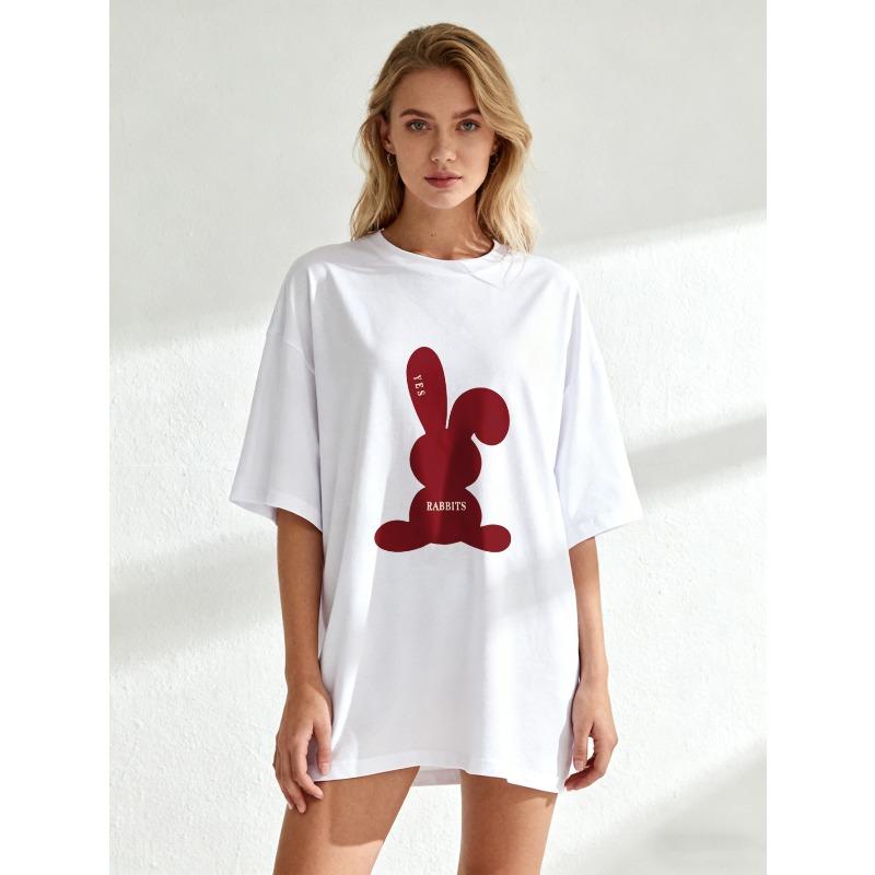

Oversized T Shirt Black Red Rabbit Silhouette With Yrs And Rabbits Text Casual Streetwear Fashion For Women Summer Outfits XXXXL белый