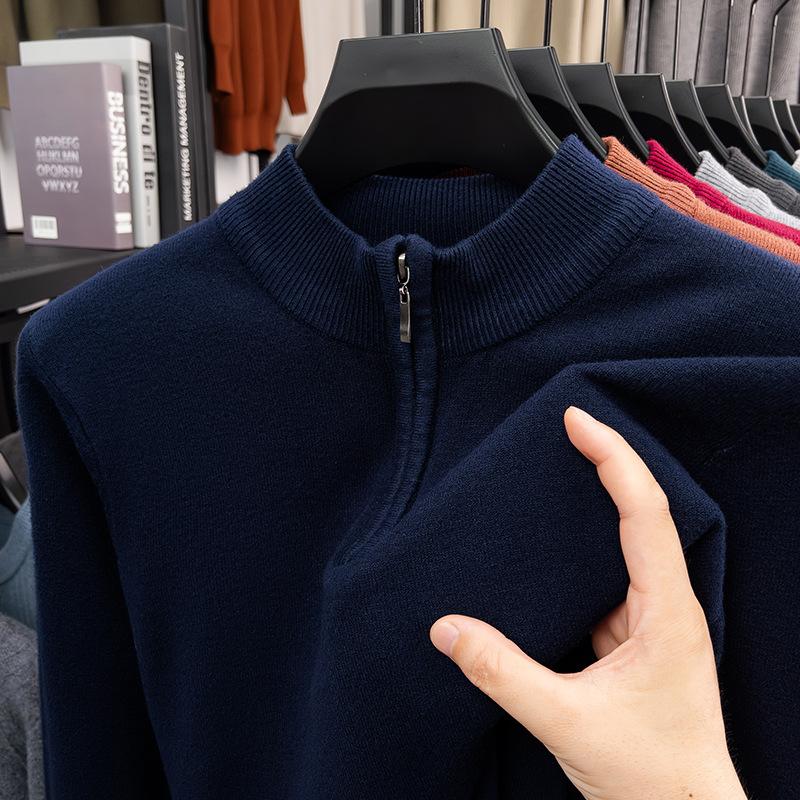 Men New Style Zip Knitted Shirt Solid Color Fashion High End Long Sleeve Base Layer Loose Casual Top