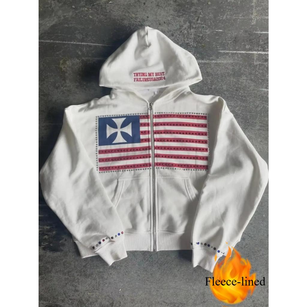 American Fashion Streetwear Gothic Flag Rhinestone Embroidered Zipper Hoodie Y2k Splicing Oversized Loose Cotton Sweatshirt
