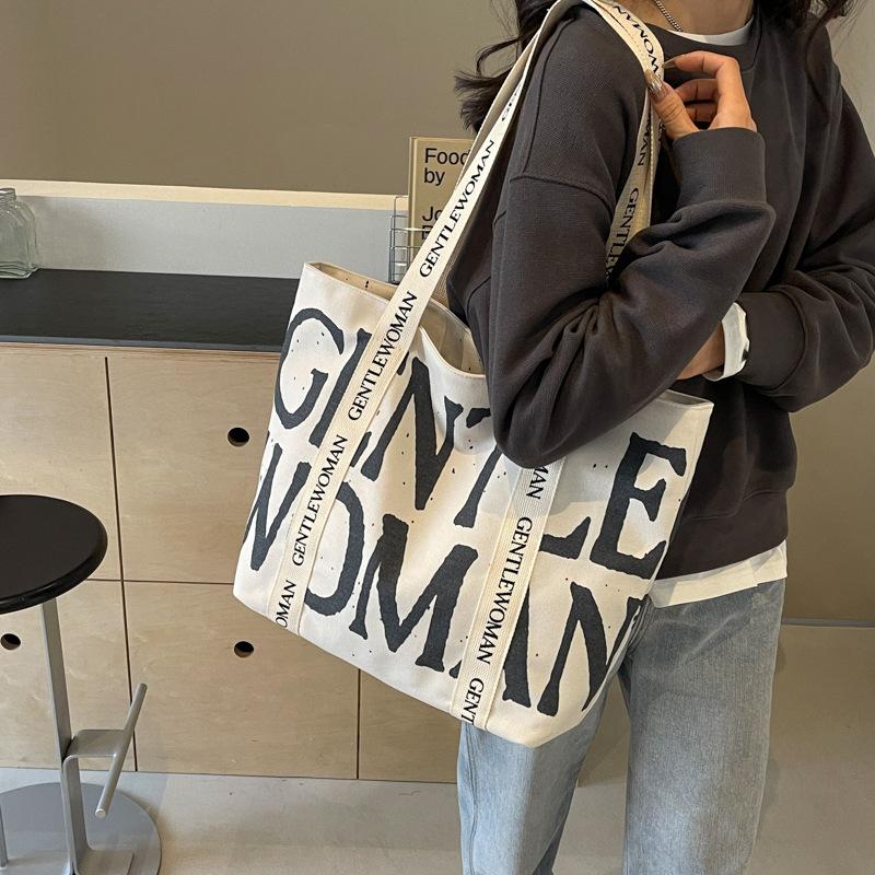 2025 Fashion Canvas Bag Lazy Wind Japanese Large Capacity Student Canvas Bag Alphabet Strap Handbag Tote Bag