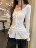 Korean V-Neck Lace Trim Long-Sleeve Slim-Fit Top for Women - New Autumn/Winter Trendy Style