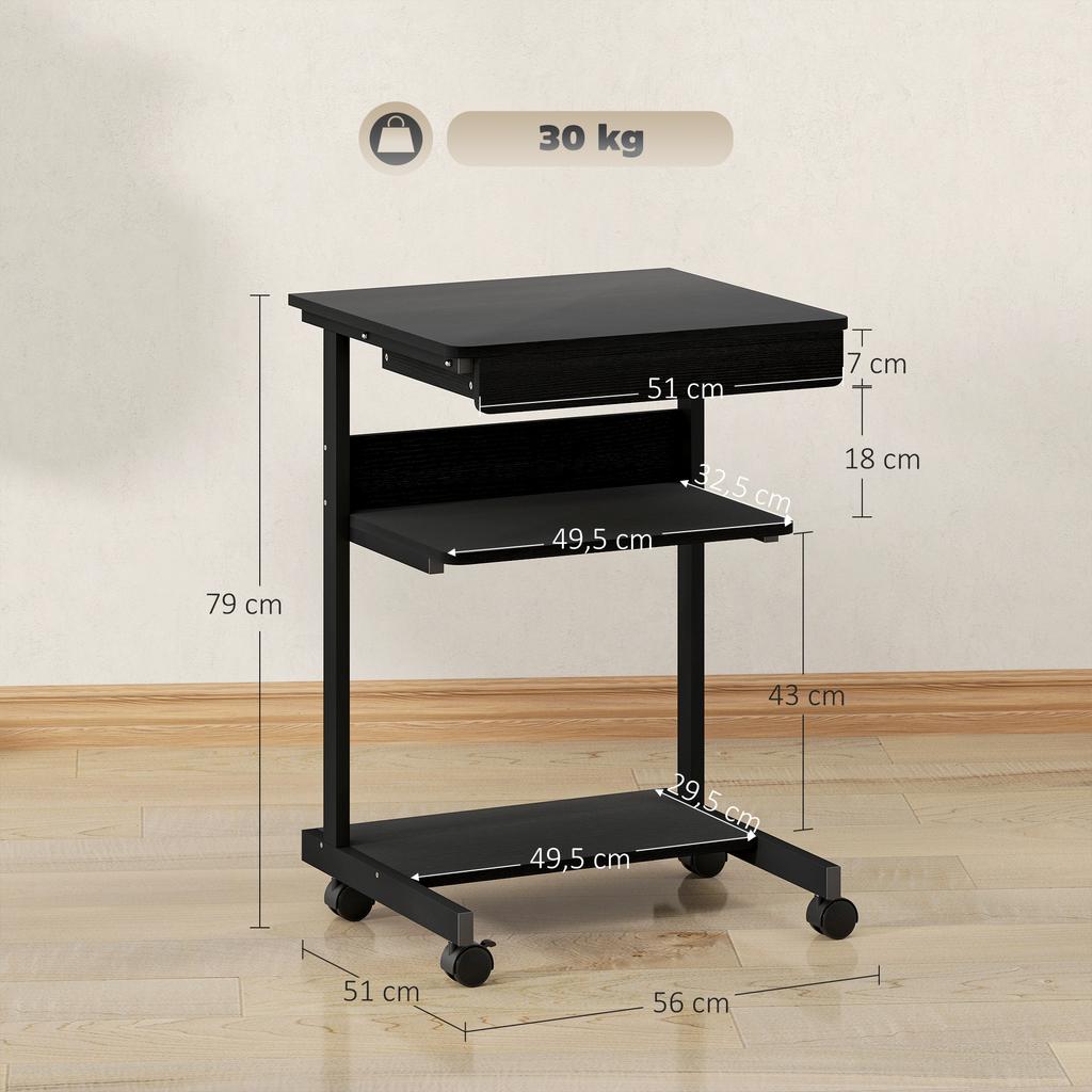 Rolling Desk with Drawer and Shelves, 4 Wheels, Compact, Particleboard, Metal