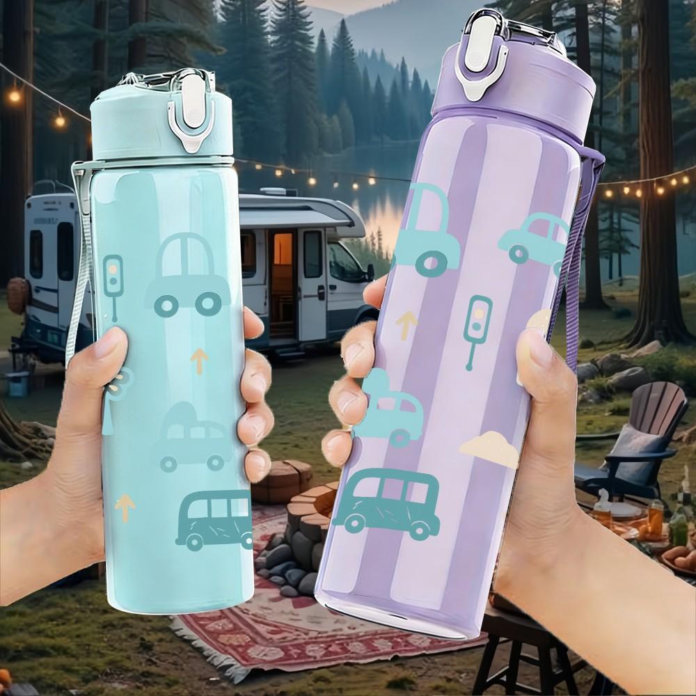 1PC Toy Car Pastel Seamless Pattern 750ml Color Plastic Sports Water Bottle Leakproof Flip Straw Lid Suitable for Sports Office Home Use