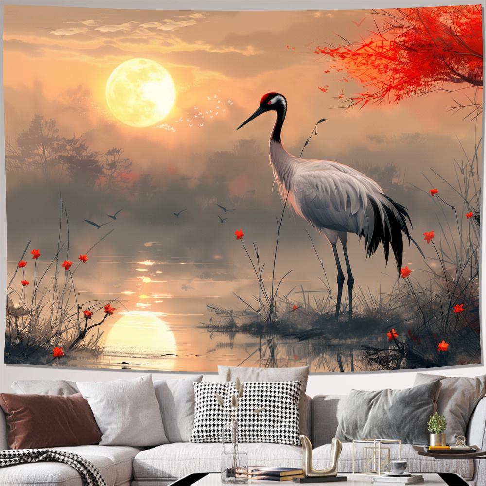 Boho Crane Sunset Tapestry Wall Hanging Art Print Tropical Nature Decor Bohemian Aesthetic Canvas Living Room Artwork