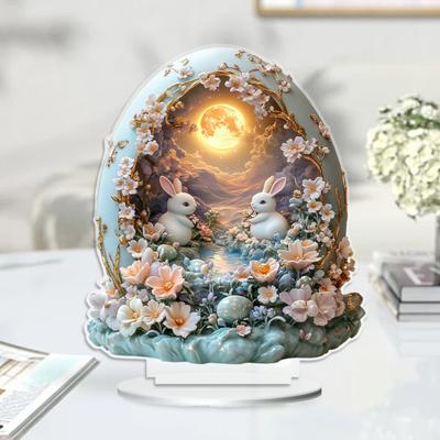 Yousheng Easter Bunny Table Sign 2D Flat Acrylic Bunny Egg Desktop Ornament Spring Tabletop Centerpiece for Home Corner Fireplace Decor