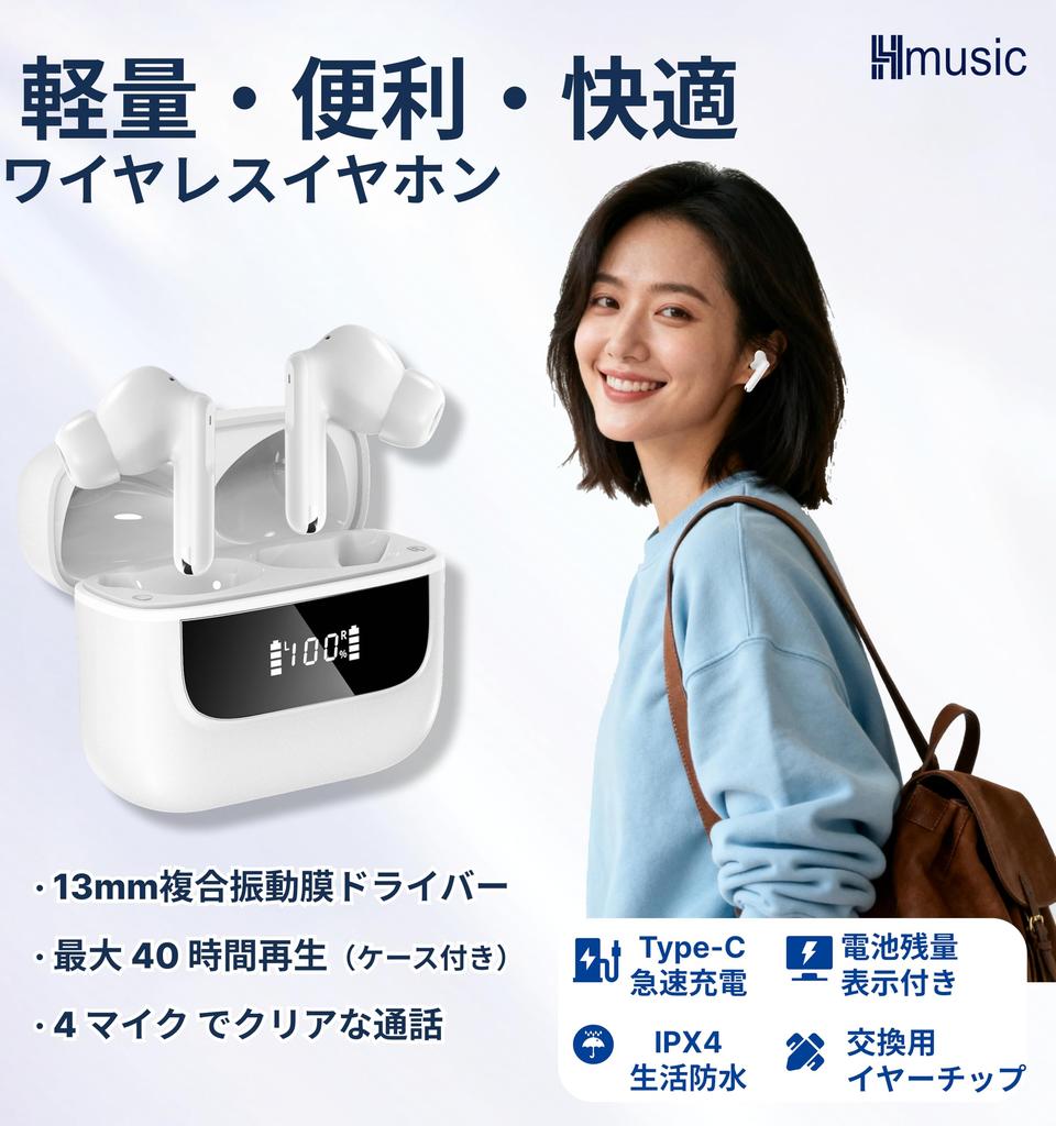 Hmusic Wireless Bluetooth Earphones with LCD ENC Noise Bluetooth Specialized for Up to 40 Hours of 13mm Titanium Composite Diaphragm Compact and