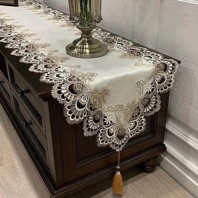 Tv Cabinet Lace Tablecloth  Embroidered Tassel Dining Table Flag Shoe Cabinet Long Striptransparent Yarn Dust Cover Cloth