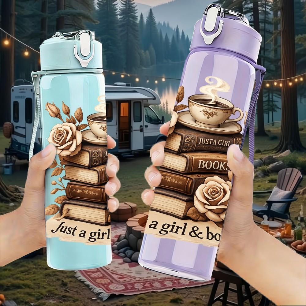 1PC Vintage Books Rose Coffee Print 750ml Color Plastic Sports Water Bottle Leakproof Flip Straw Lid Suitable for Sports Office Home Use