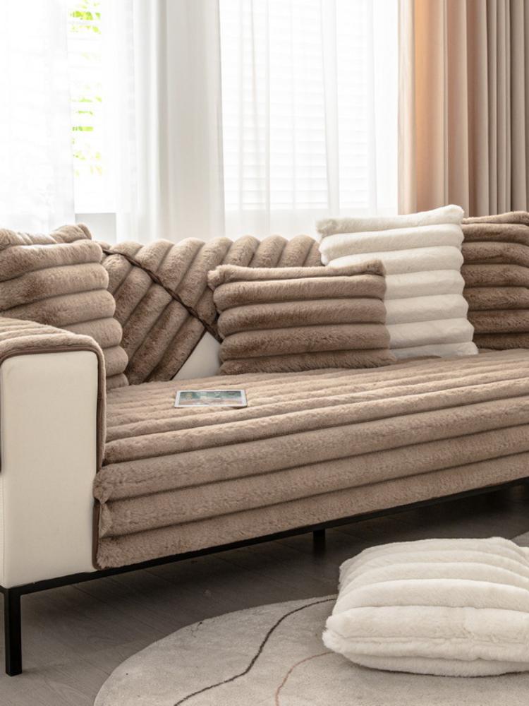 Rabbit Plush Straight Strip Sofa Cover Winter Thicken Warm Sofa Mat Couch Slipcovers for Living Room Solid Anti-slip Sofa Towel