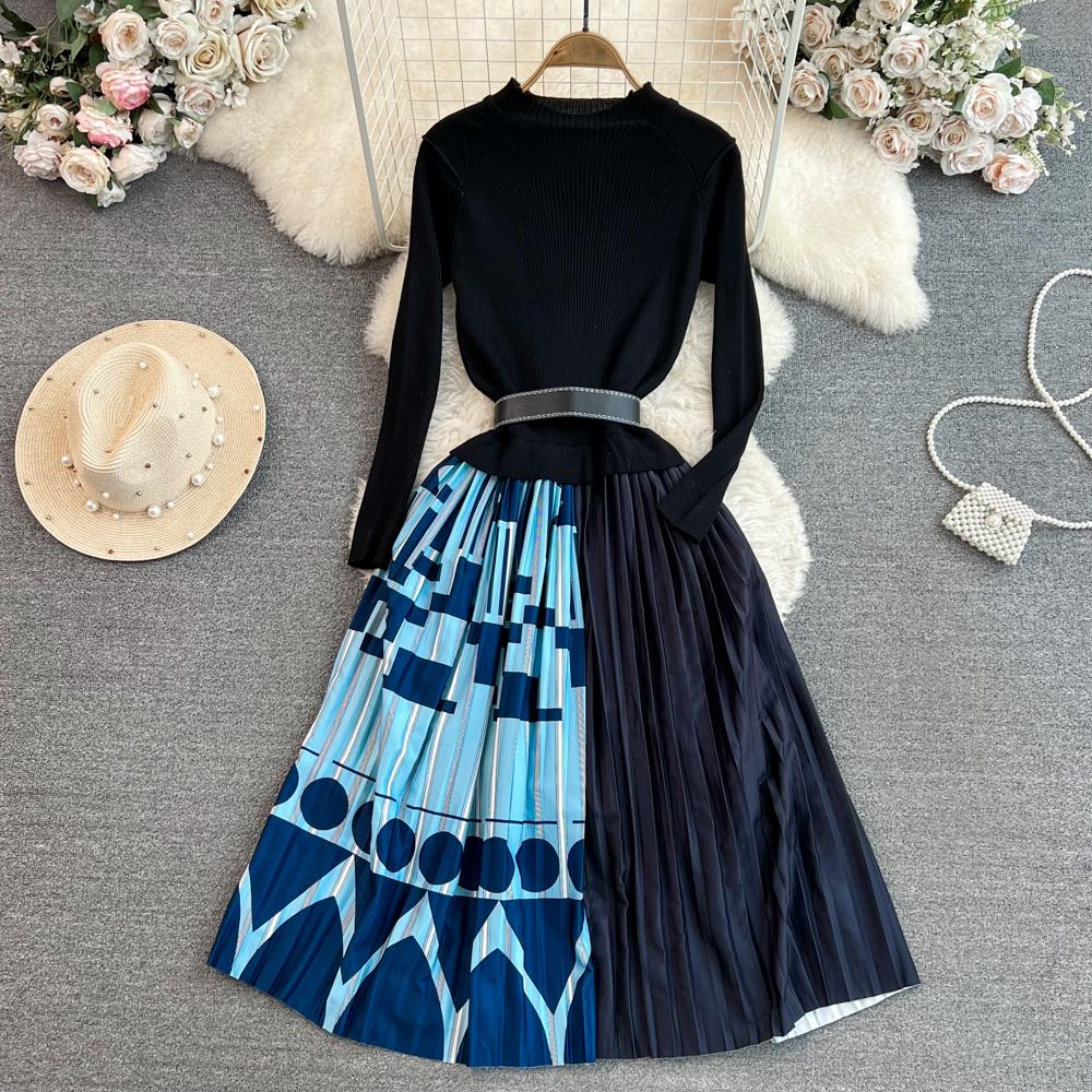 Vintage Elegant  O Neck Print  Pleated Long Sleeve Knit Dress A-line Casual Women Fashion High Waist Summer Spring