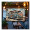 Retro Hippie Bus with Flowers Metal Wall Art Vintage Decor for Bar