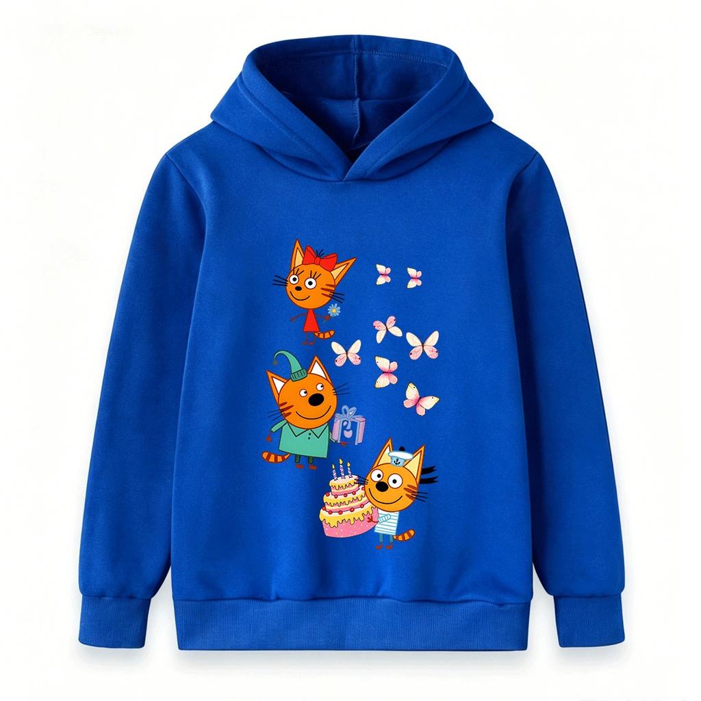 Kids Boys Girls Hoodie Cartoon Orange Cats Butterflies Print Pullover Hooded Sweatshirt Casual Birthday Party Streetwear Soft Warm Children