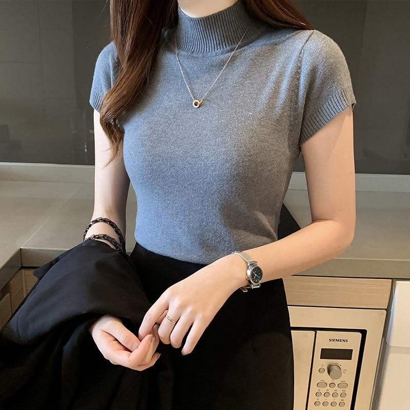 2023  Casual Knitted Women Tops Women Clothing Blusas Summer Solid Slim Turtleneck Blouse Fashion Chic Korean Clothes 8622