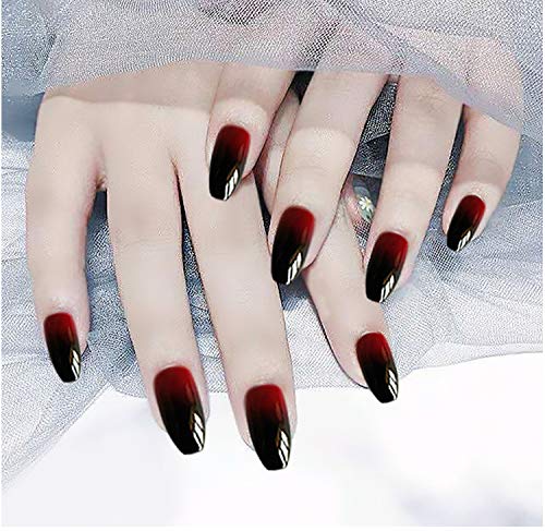 Heaven Long Artificial Nails Double Shade Black & Red Full Coverage Press-On Nails Lightweight & Reusable 24 Pcs with Complete Application Kit & Gl