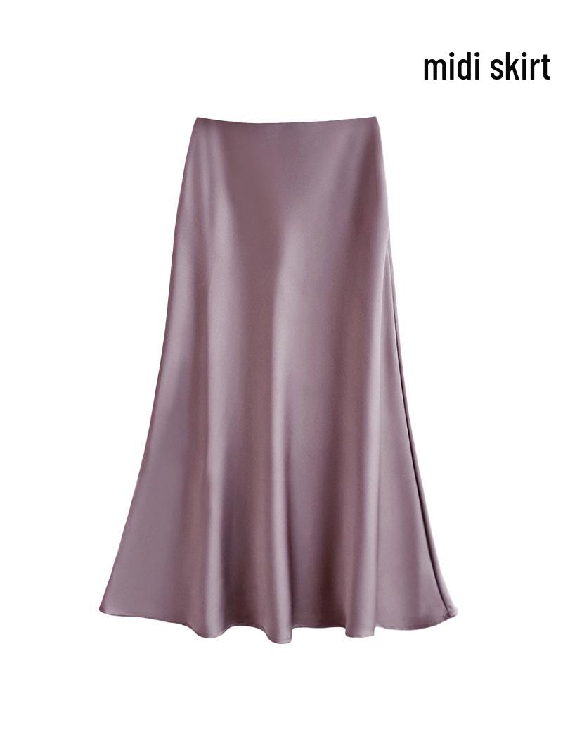 Women s French Style Satin Midi Skirt: Elastic Waist, Fishtail, A-line, High Waist, Bodycon. XL