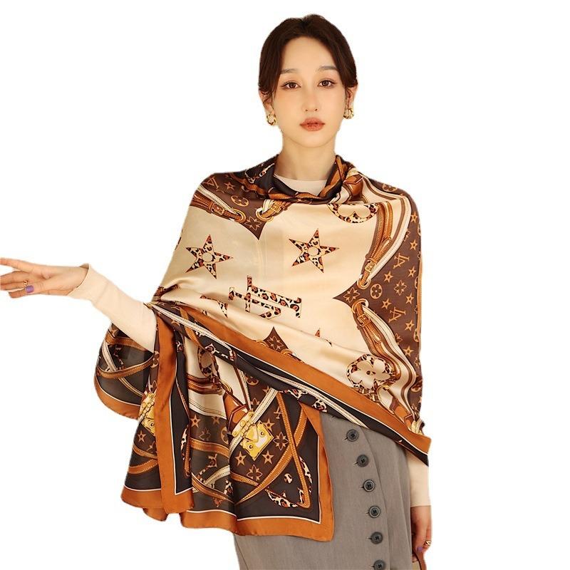 Light and mature style luxury presbyopia scarf with goods, new silk scarf, long large size travel shawl, sun protection