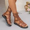 [Goldene Römersandalen] Goldene Metallnieten Damen Schwarze Römersandalen aus Kunstleder | Offene Zehenpartie, Schnürdesign, Gummisohle, Ganzjahres-Tragekomfort, Damensandalen