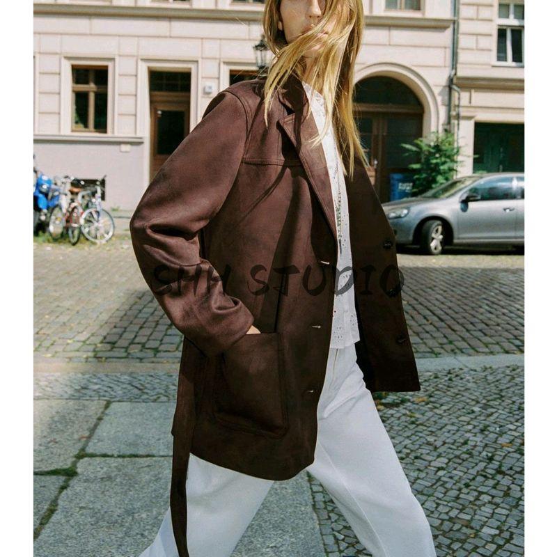 Fall New Women's Clothing French Style with Belt Lapel Long Sleeves Suede Effect Jacket Outwear 4968221