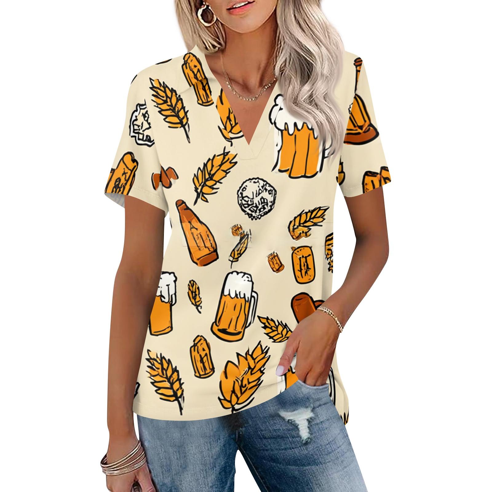 

Women Casual V Neck Short Sleeve Oktoberfest Print Polo Shirt Lightweight Summer Top Relaxed Fit Blouse for Everyday Wear L хаки